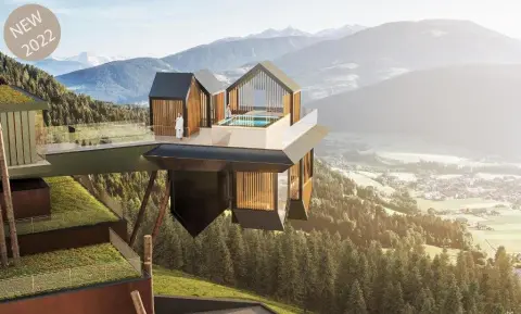 hôtel luxe italie, chalet design montagne, suite panoramique, dolomites, architecture suspendue, piscine sur toit